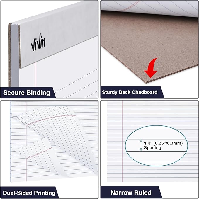 ViVin 5 x 8 Inch Note Pads, 12 Pack, Narrow Ruled, 50 Sheets Per Writing Pad, Perforated, Legal Pads Ideal for Home, Office, Business, 600 Sheets (12 Pack of 50)，White Paper