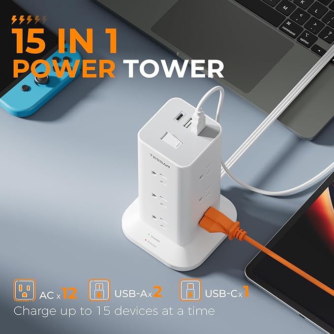 Surge Protector Power Strip Tower, TESSAN 15 ft Flat Extension Cord Surge Protection 900J with 12 AC Outlets and 3 USB (1 USB C), Multiple Charging Station for Office Supplies, Dorm Room, Home, White
