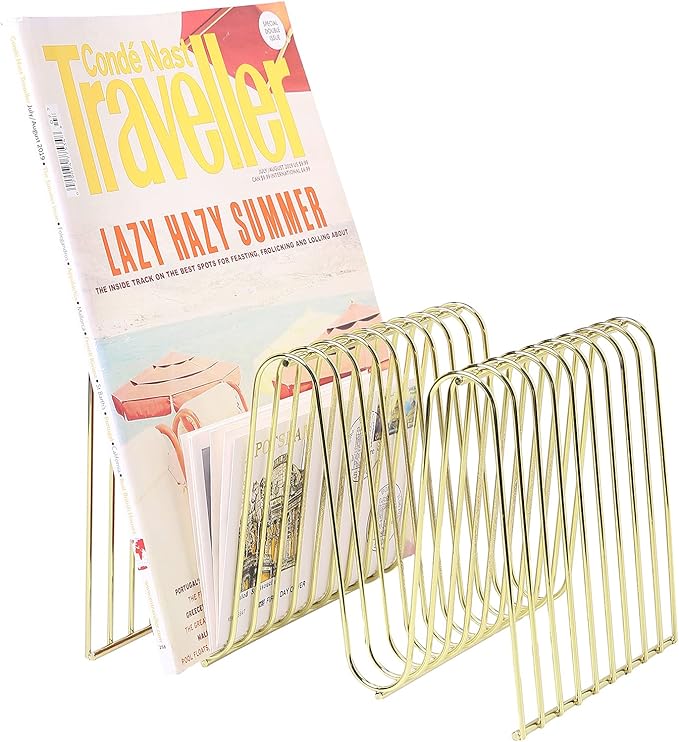 MyGift Metal Gold Folder Organizer for Desk, Magazine Holder 9 Sections, Decorative Vinyl Record Holder, Office File Organizer Rack