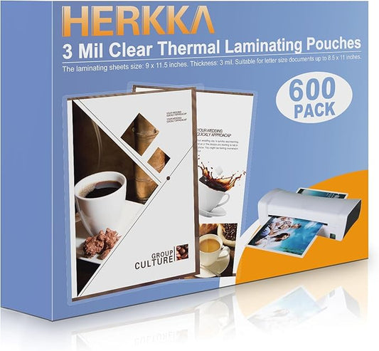 HERKKA 600 Pack Laminating Sheets, Holds 8.5 x 11 Inch Sheets, 3 Mil Clear Thermal Laminating Pouches 9 x 11.5 Inch Lamination Sheet Paper for Laminator, Round Corner Letter Size