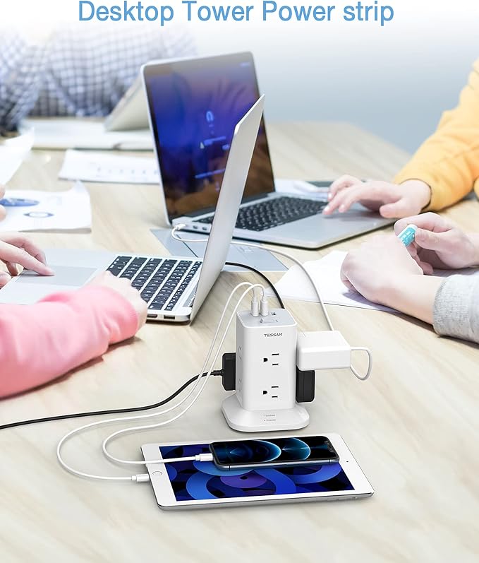 Tower Power Strip with 6 Feet Extension Cord, 8 Outlets 3 USB Chargers, 1700 Joules Surge Protection, Extension Cord with Multiple Outlets, 1875W, Office Supplies, Dorm Essentials, Charging Station