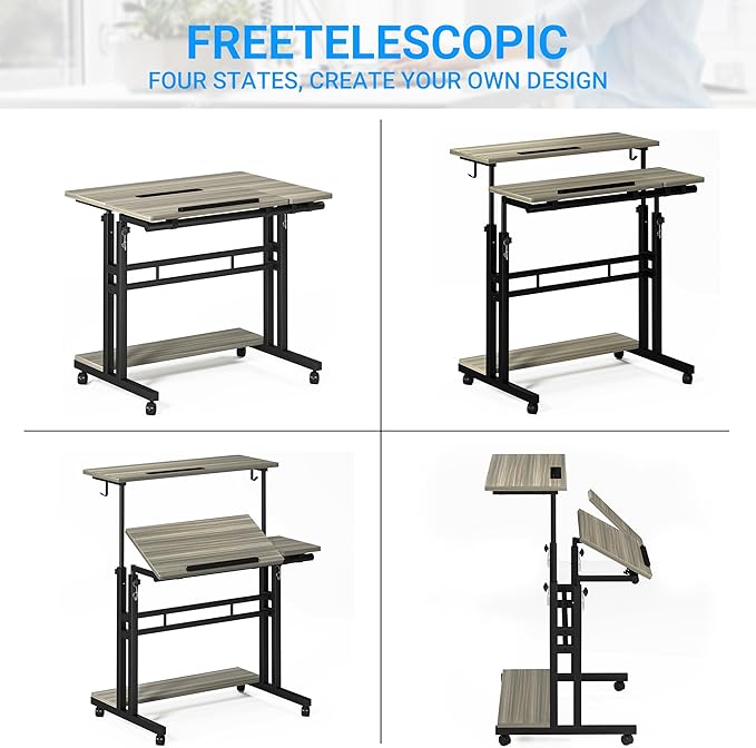 Panta Mobile Standing Desk, Adjustable Rolling Computer Desk with 3 Desktops, Portable Laptop Table with Desk Cup Holder, Home Office Laptop Workstation on Lockable Wheels,Grey Oak