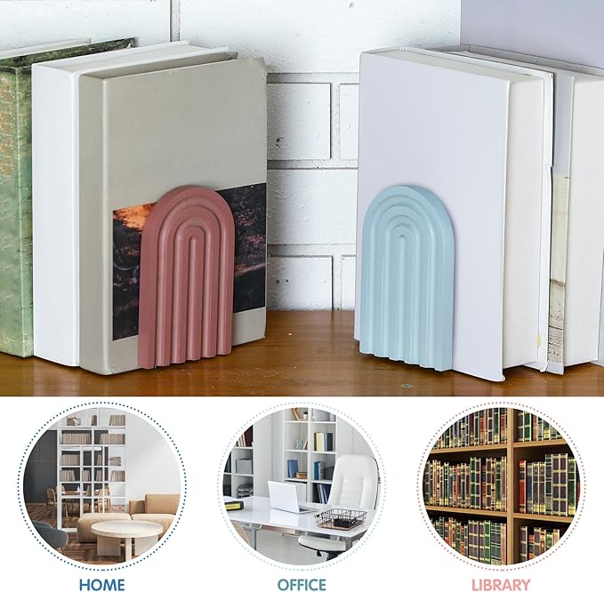 Harloon 4 Pieces Boho Arch Wood Bookends Rainbow Arch Back to School Gift Ideas Non Skid Bookend Decorative Wooden Book Stand Book Stoppers for Books Movies CDs(Morandi Color)
