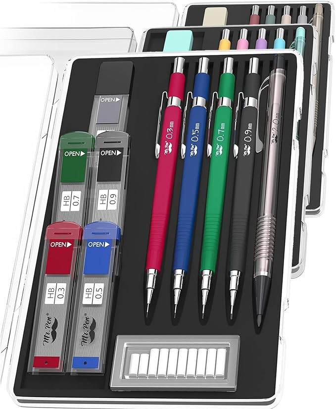 Mr. Pen Mechanical Pencil Set with Lead and Eraser Refills, 5 Sizes - 0.3, 0.5, 0.7, 0.9 and 2 Millimeters, Drafting, Sketching, Illustrations, Architecture, Drawing Mechanical Pencils