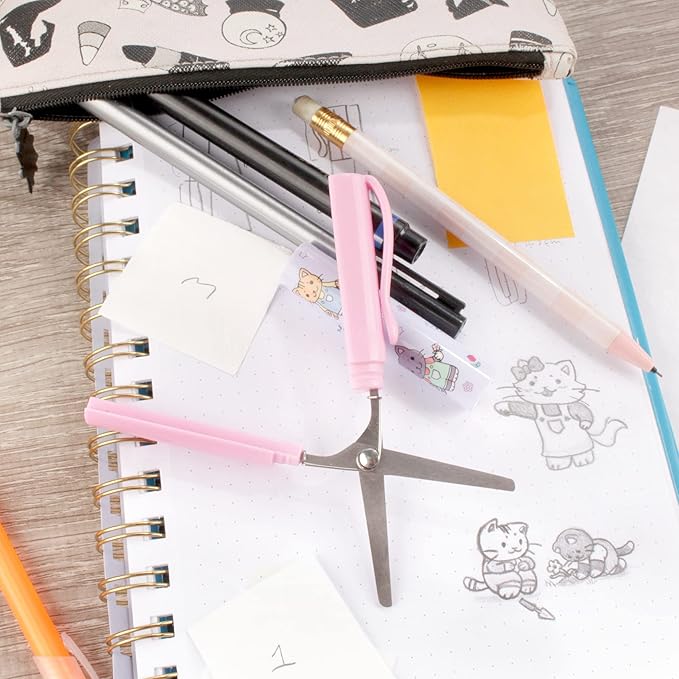 JubileeYarn Portable Travel Safety Scissors, Pen & Push Folding Style - Garden Kitty Pen, Light Blue Pen, Grey Push