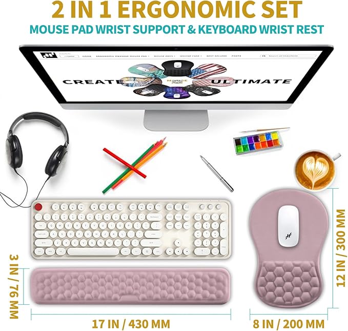 Hokafenle 2 in 1 Ergonomic Mouse Pad Wrist Support & Wrist Rest for Computer Keyboard Set, with Relieve Carpal Tunnel Pain Massage Bulge and Full Memory Gel Design (2In1 Set, Pink)
