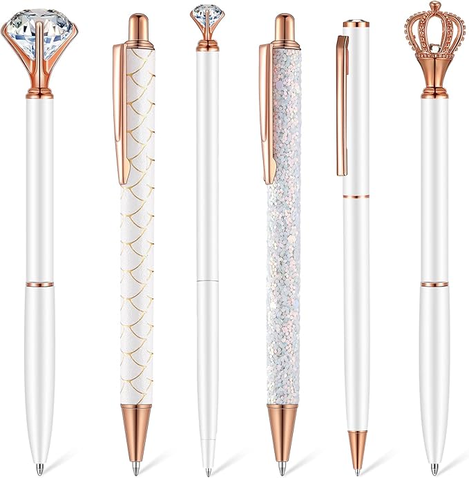 6 Pcs Ballpoint Pens Set Metal Crystal Diamond Pen for Journaling Glitter Pretty Cute Stationery Black Ink Fancy Gifts for Women Girls Teacher Office Wedding School Supplies(White)