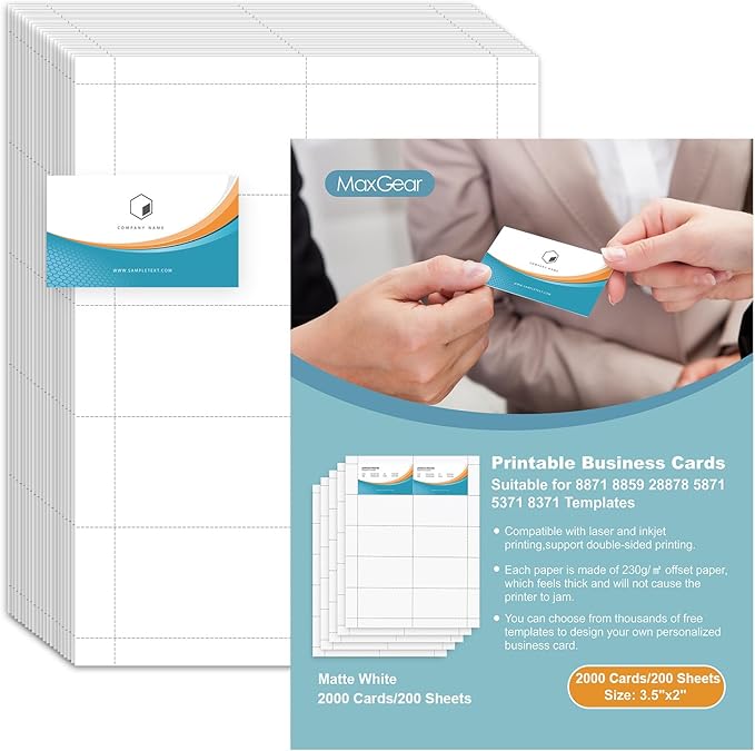 MaxGear Business Card Printable Business Card, Compatible with Laser & Inkjet Printer, Double-Sided Printing, Heavyweight, Matte White Paper, Smooth Edge, 10 Cards/Sheet, 2000 Cards, 3.5" x 2"（8871