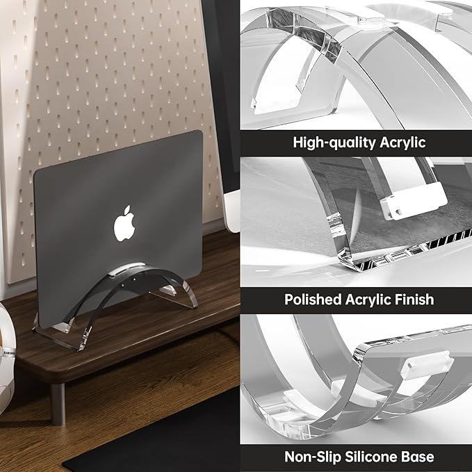 Clear Acrylic Vertical Laptop Stand, Premium Transparent Desktop Notebook Dock, Space-Saving Vertical Laptop Holder for MacBook, IPAD, Book