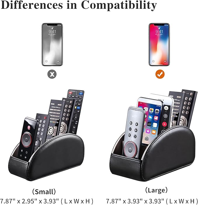 All-in-One Leather TV Remote Control Holder Black with 5 Compartments Nightstand Desktop DVD Media Player Remote Caddy Storage Box Organizer Tray For Makeup Brush Pen Stationary Table Controllers