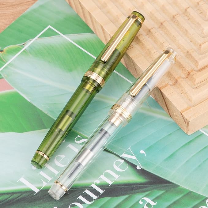Jinhao 82 Acrylic Fountain Pen, Iridium Extra Fine Nib with Ink Converter, Transparent Olive Green Classic Design Smooth Writing Pen (Gold Trim)