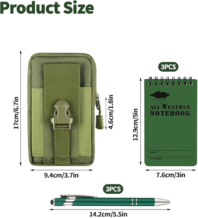 7 Piece Waterproof Notebook, 3 X 5 Inch Waterproof Notepad with Waterproof Weatherproof Pen and Waterproof Multi Functional Waist Pack for Outdoor Activities Recording (Army Green)