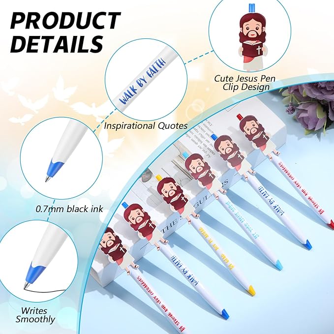 24 Pcs Christian Jesus Pens Bible Verse Pens for Kids Cute Jesus Ballpoint Pens with Inspirational Quotes Sunday Religious Pens for Classroom Prizes Church Christmas Easter Gift