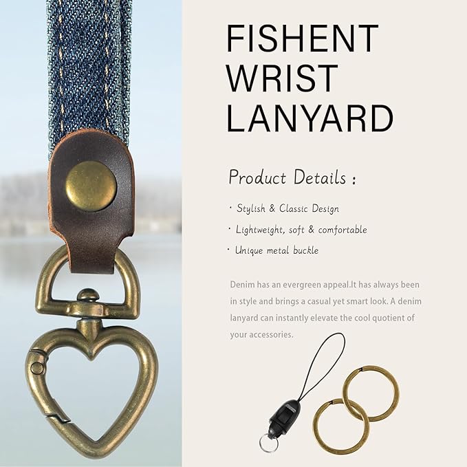 Fishent Denim Wristlet Keychain for Women Men, Cute Key Chain, Wrist Lanyards for Car Keys ID Badge Wallet Card Holder