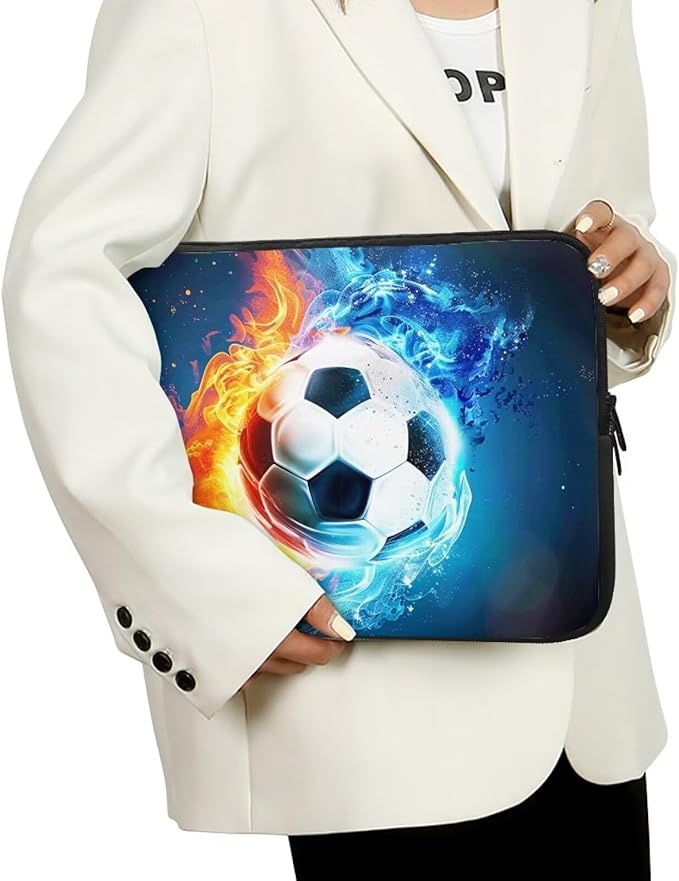Water and Flame Football Laptop Sleeve for Boys Men 10 inch Lap Top Case Portable Laptop Protector Zippered Pouches with Humanize Design Computer Carrying Case Soccer Briefcase