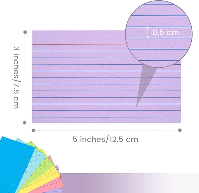 Koogel Index Cards 3 x 5 Inch, 272 Count, Ruled on both Sides, 8 Assorted Colors, Note Cards for Studying School Supplies College Office