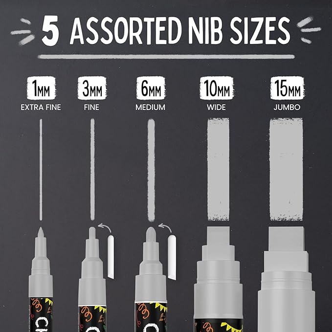 5 Silver Chalkboard Chalk Markers - Silver Dry Erase Markers for Blackboard, Chalkboard Signs, Windows, Glass | Variety Pack - Fine & Jumbo Size Ink Pen (1mm, 3mm, 6mm, 10mm, 15mm)