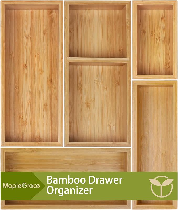 Bamboo Drawer Organizer Set, 5 PCS Multi-Use Individual Wood Storage Organizers, Junk Drawer Divider and Storage Trays Containers for Kitchen, Bathroom, Office Desk, Makeup, Jewelry, Utensils
