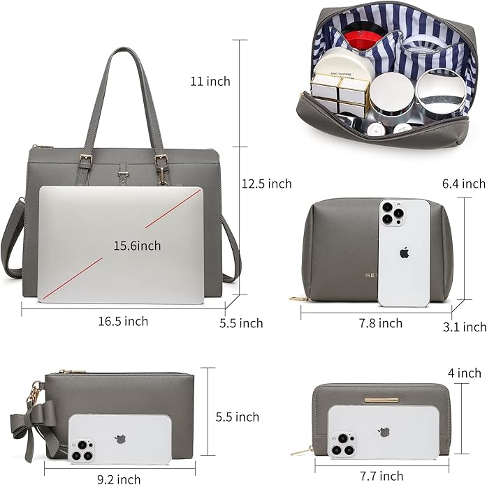 Keyli 4pc Sets Laptop Bag for Women Large Leather Laptop Briefcase with USB Charging Port Computer Shoulder tote Bags Purse