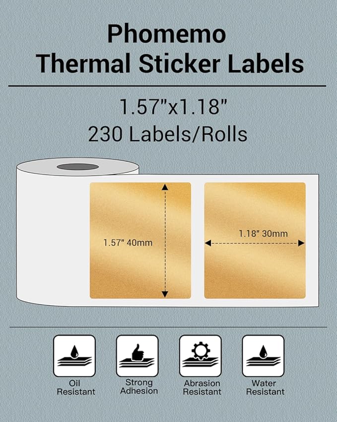 Phomemo Thermal Sticker Labels- 1.57"x1.18"(40x30mm) Thermal Label for M110/M221/M220/M120/M200, for Barcode/Address/Mailing/Logo/Business/Home Tag, Black on Golden