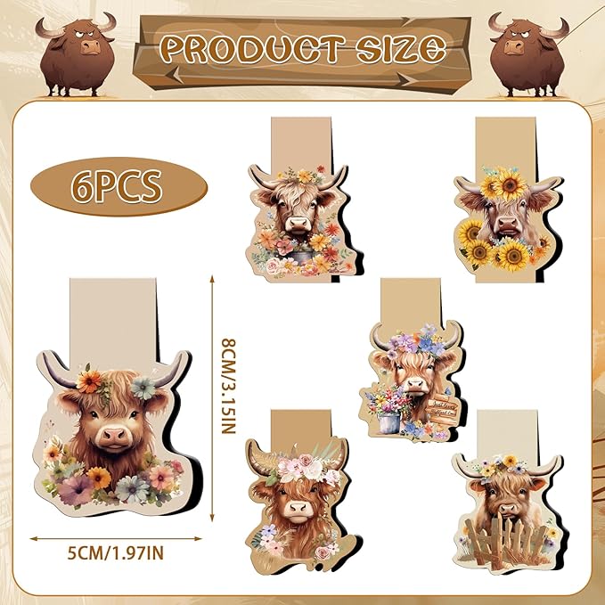 Highland Cow Magnetic Bookmark - 6 Pcs Funny Animal Book Mark Magnets Cute Cow Bookmarks Magnetic Floral Magnets Bookmark Page Clip Gift for Book Lovers Students Teacher Reading Book Marks