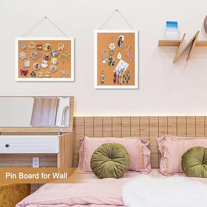 2-Pack Double-Sided Cork Board, 16" x 12" Hanging Wood Framed Small Bulletin Board, Picture Display Vision Board Kit Corkboards for Wall Room School Office Decor, 20 Pushpins (Vintage White)