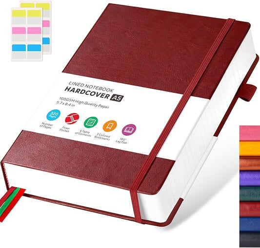 Lined Thick Journal Notebook for Writing Women Men, 320 Pages, Medium 5.7 inches x 8.4 inches, Hardcover Leather Notebook with 100 gsm Thick Paper, Burgundy