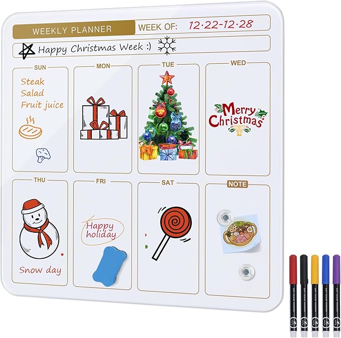 SELEAD Magnetic Glass Planning Board for Small Apartment - 18”x18” Dry Erase Whiteboard Weekly Planner Wall Calendar, Message Memo TODO Board for Home Kitchen, White&Gold