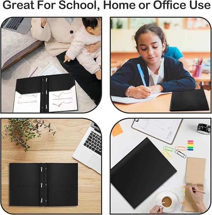 ViVin 12-Pack Sturdy Plastic Folders with Pockets and Prongs, 2 Pocket Folder with 3-Prong Fasteners, Holds 8-1/2" x 11" Letter Size Paper, for School,Office and Home Use (Black)