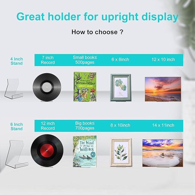 Boloyo Acylic Upright Display Stand, 10PC 4 Inch Clear Display Holder Easel Base Picture Frame for Home Office School Store to Display Book, Vinyl Record, Album, LP Cover, Artworks, CDs