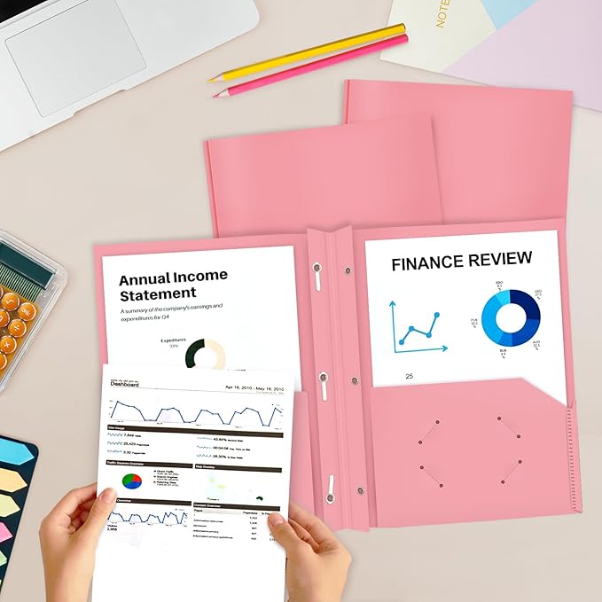 ViVin Heavy Duty 12-Pack Plastic Folder, Pastel Colors, 2 Pocket Letter Size Poly File, Cute Plastic Folders with 3-Prong Fasteners, for School, Home and Office (Assorted Color)