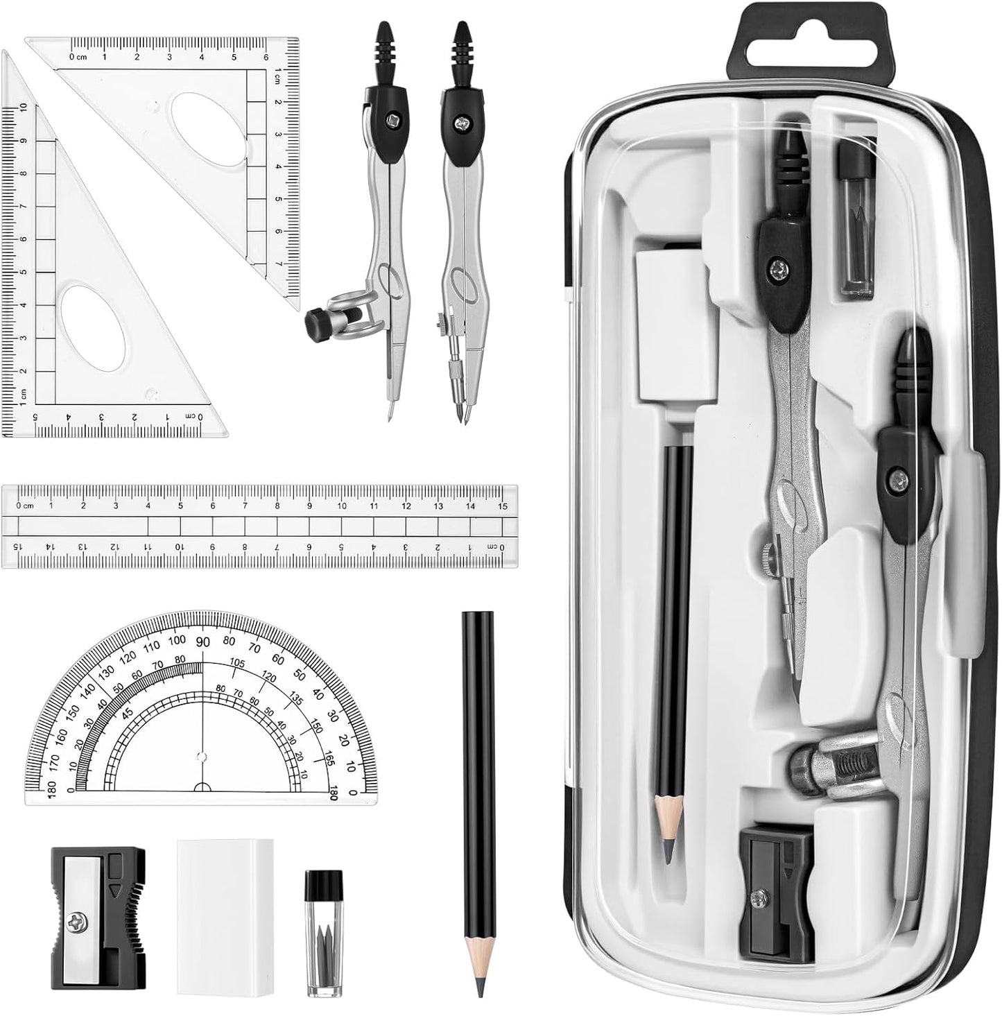 Zonon Math Geometry Set 10 Pcs Student Supplies with Shatterproof Storage Box, Includes Rulers Protractor Compass Pencil Sharpener Lead Refills Eraser Pencil for Drafting and Drawings (Black)