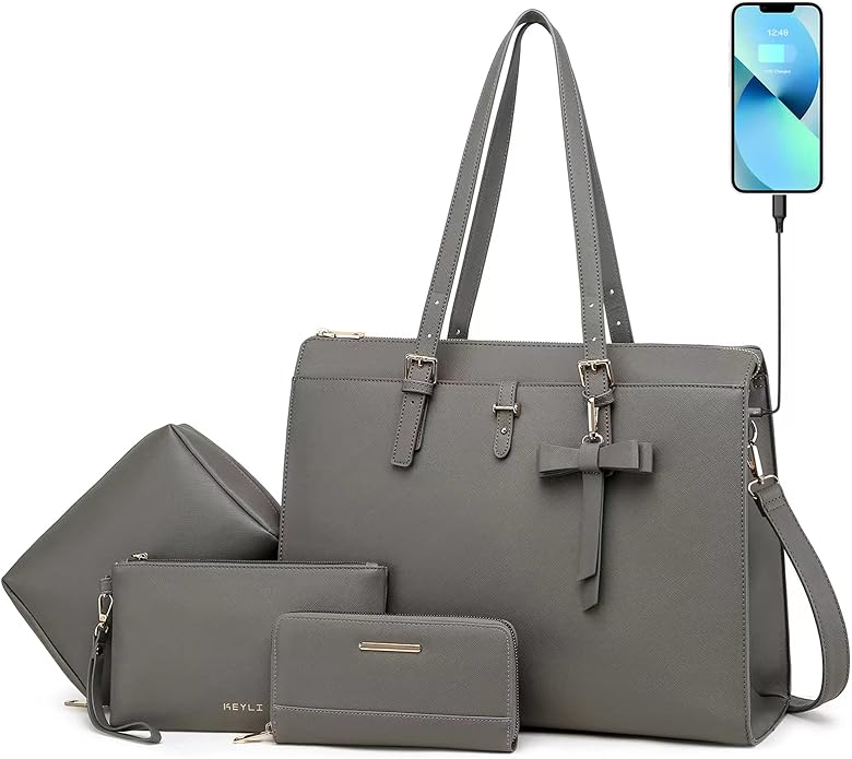 Keyli 4pc Sets Laptop Bag for Women Large Leather Laptop Briefcase with USB Charging Port Computer Shoulder tote Bags Purse