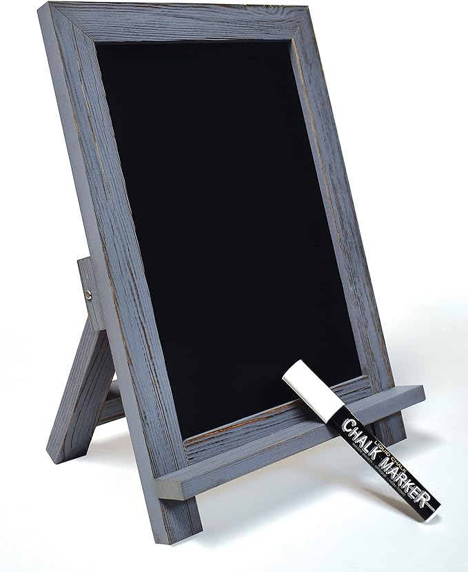 Better Office Products Framed Tabletop Chalkboard Sign, 9.5" x 14", Rustic Wood Frame, Small Magnetic Chalkboard with Built-in Ledge and Folding Stand, One White Chalk Marker Included,(Gray wash)