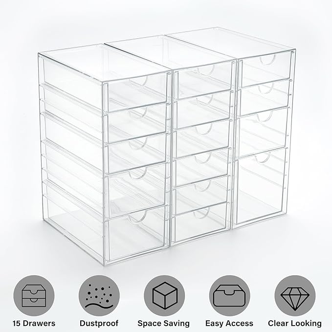 Prsildan Acrylic Drawer Organizer with 15 Drawers, Makeup Craft Office Desk Organizers Accessories, Set of 3 Clear Stackable Storage Drawers for Vanity, Countertop, Jewelry, Art Supply Organization