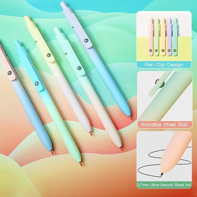 UIXJODO Gel Pens, 5 Pcs Black Ink Pens for Women, 0.7mm Medium Point Smooth Writing Pens with Silicone Grip, High-End Series Metal Clip Retractable Pens for Journaling Note Taking (5 Pcs Pastel)