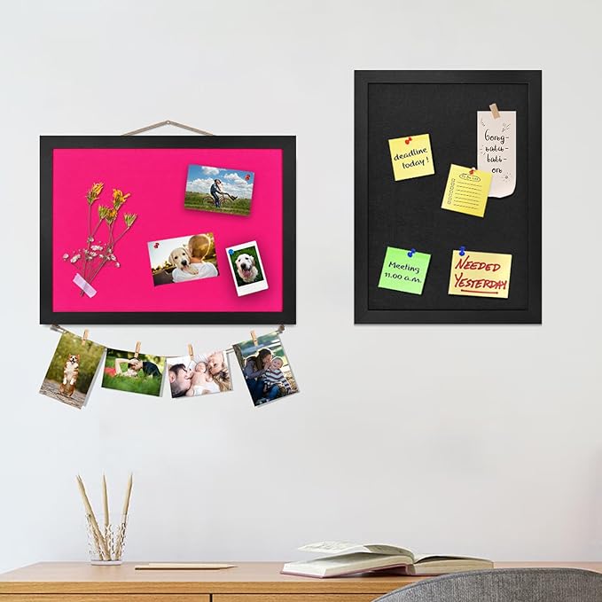 Pink Bulletin Boards Cork Board with Felt, 15"x11" Small Display Pin Board Vision Board for Walls, Jewelry, Notes, Collection, Photos, Office, Wood Framed(Black) & Felt(Pink), 1pc