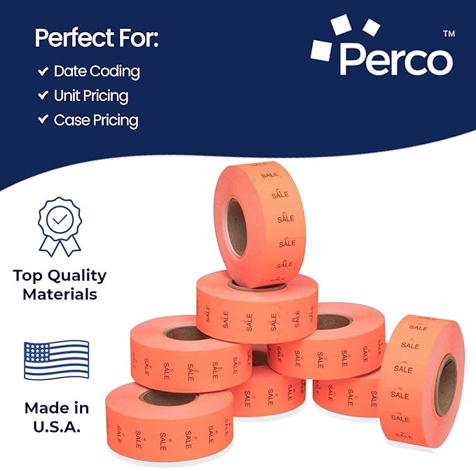 Perco 1 Line Fluorescent Red Sale Labels - 8 Rolls, 1 Sleeve, 8,000 Blank Price and Date Gun Labels for Perco 1 Line Price and Date Guns - Made in USA
