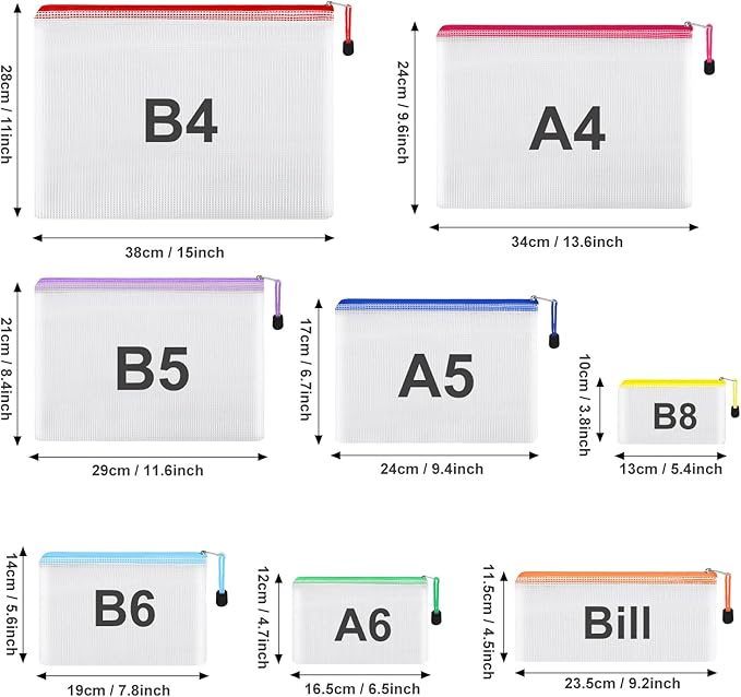 EOOUT 8pcs Mesh Zipper Pouch, Zipper Pouches for Organizing, 8 Sizes Waterproof Zipper Bags, 8 Colors Waterproof Plastic, for Travel Storage, Office Appliances