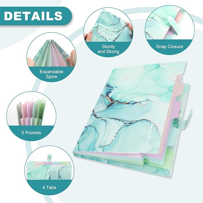 Ddaowanx Expanding File Folder, Letter A4 Size Accordion Plastic File Organizer, 5 Pocket Folders for Documents, Aesthetic Folder with Labels, Paper Organizer for School Office (Green Marble)