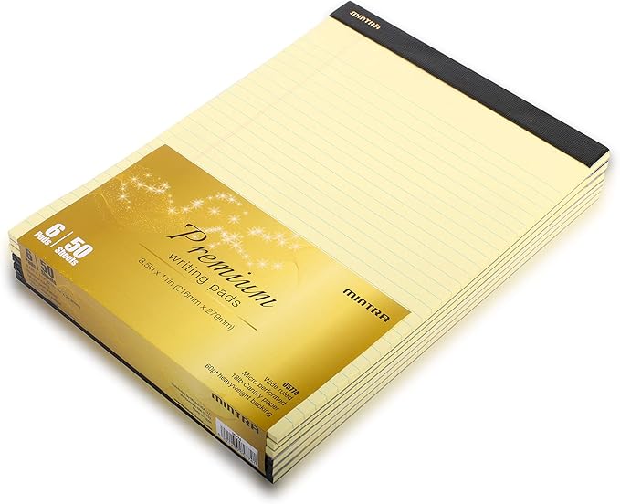 Mintra Office Legal Pads - ((PREMIUM CANARY 6pk, 8.5in x 11in, WIDE RULED)) - 50 Sheets per Notepad, Micro perforated Writing Pad, Notebook Paper for School, College, Office, Professional