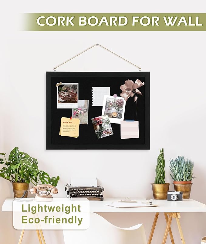 2-Pack Double-sided Black Cork Board with Linen, 16" x 12" Hanging Wood Framed Small Bulletin Board, Picture Display Vision Board Kit Corkboards for Wall Room School Office Decor, 20 Pushpins