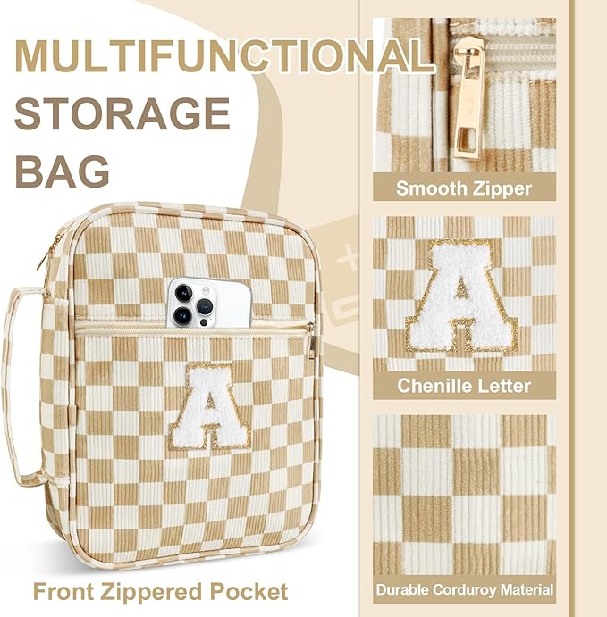 Personalized Initial Bible Cover Case for Women Girls Kid - Large Corduroy Bible Case with Handle, Stylish Chenille Letter Bag Study Supplies, Perfect Christmas Gifts for Christians Women (Khaki-A)