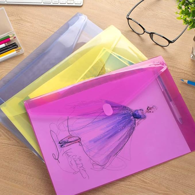 Sooez 6 Pack Plastic Envelopes, Plastic File Folders for Documents, Clear School Folder, Colored File Folders Letter A4 Size, Waterproof Poly Envelopes with Closure, 6 Color