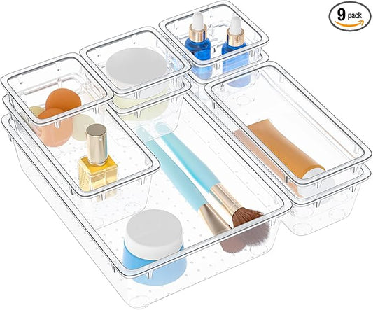 Clear Drawer Organizers of 9 PCS Plastic Drawer Organizer Bins, 4 Sizes Clear Plastic Drawer Organizers and Storage Bins for Bathroom Kitchen Office Organizers and Storage Containers