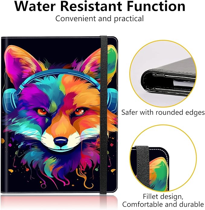 Fox Wearing Headphones PU Leather Padfolio Clipboard Notepad with Pen Loop and Elastic Strap Interview/Resume Document Organizer for Business School Office