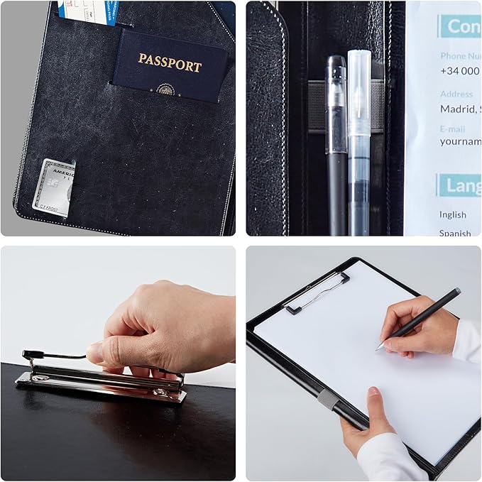 PU Leather Padfolio Clipboard Notepad with Pen Loop and Elastic Strap Interview/Resume Document Organizer for Business School Office,Cute Cats