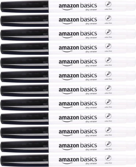 Amazon Basics Dry Erase Markers, Low Odor Ultra Fine Tip, 12-Pack, Black