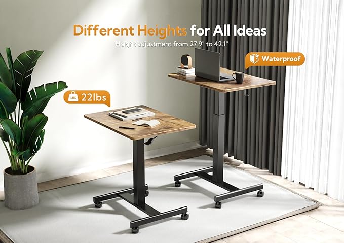 Mobile Standing Desk, Small Rolling Standing Desk, Mobile Desk Workstation with Wheels, Pneumatic Mobile Laptop Desk for Home Office with Hook, Rustic Brown