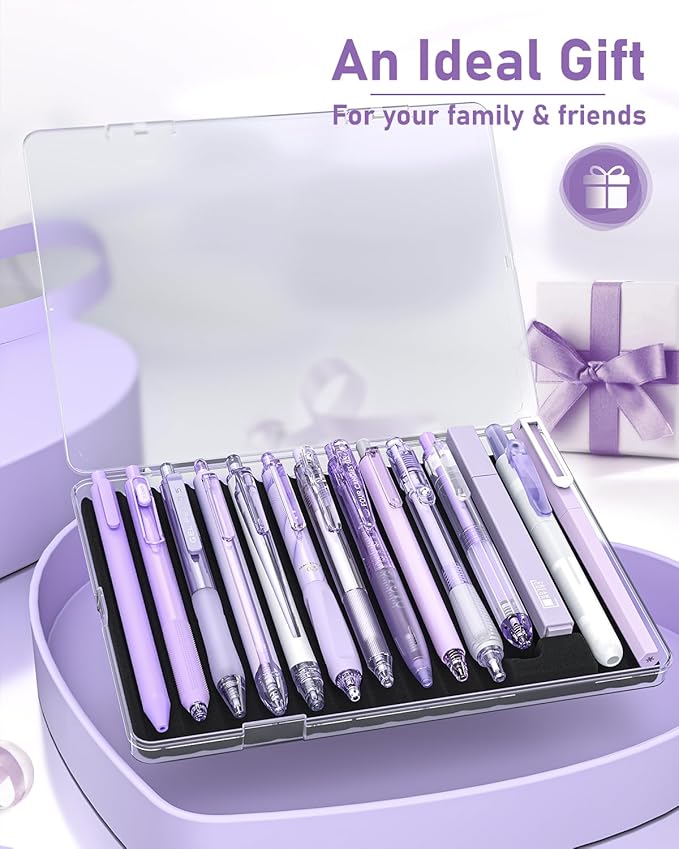 Four Candies 14Pack Pastel Gel Ink Pen Set,Cute Retractable 0.5mm Fine Point Pen,Note Taking Aesthetic Pens,12 Pack Black Ink Pens with 2Pcs Highlighter, Smooth Writing Pens for School, Office(Purple)
